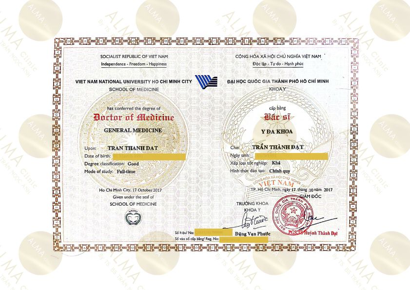 Bằng tốt nghiệp Bác sĩ Y đa khoa của Bác sĩ Trần Thành Đạt - Khoa Y Đại học Quốc gia TP.HCM 