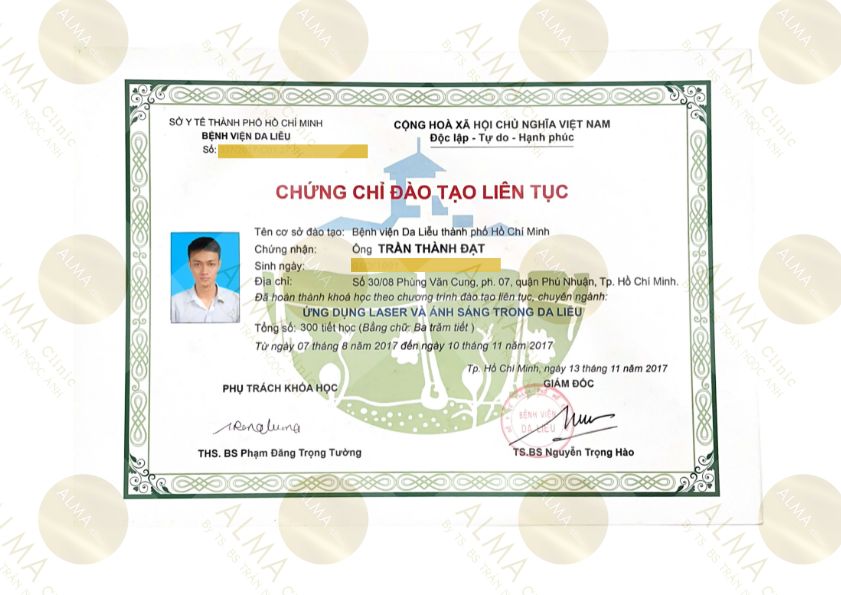 Chứng chỉ đào tạo liên tục Ứng dụng Laser và ánh sáng trong da liễu của Bác sĩ Trần Thành Đạt