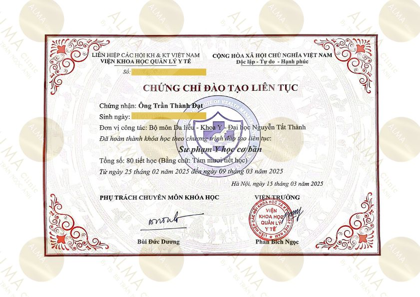 Chứng chỉ đào tạo liên tục Sư phạm Y học cơ bản của ThS BS Trần Thành Đạt