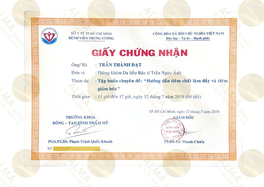 Giấy chứng nhận tập huấn tiêm chất làm đầy và tiêm giảm béo của Bác sĩ Trần Thành Đạt