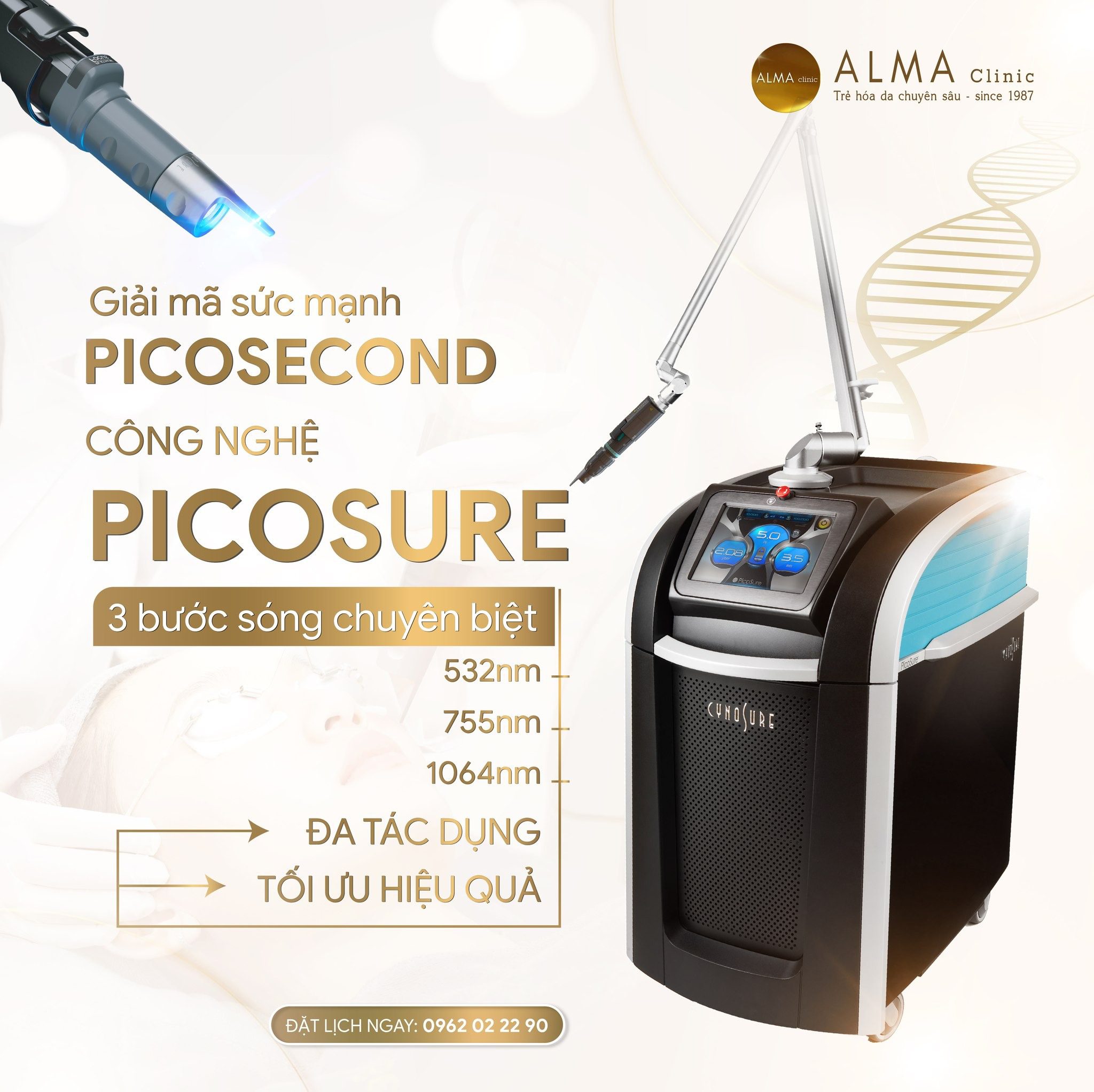 Picosure công dụng của 3 bước sóng chuyên biệt: 532nm, 755nm, 1064nm, đa tác dụng và tối ưu hiệu quả.