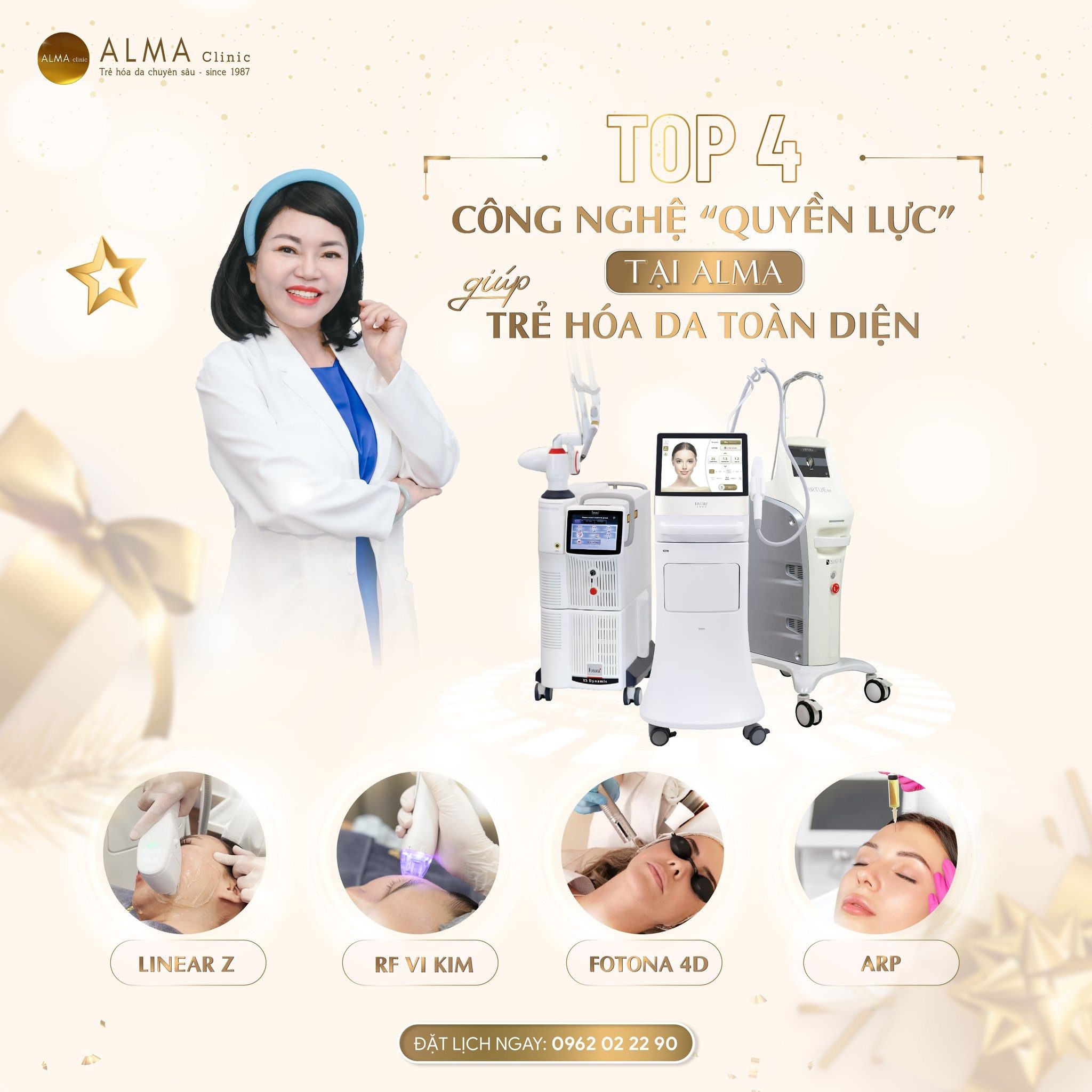 Top 4 công nghệ điều trị da hiện đại tại Alma giúp trẻ hóa da toàn diện: Hifu Linear Z, Virtue RF Vi kim, Fotona 4D, ARP