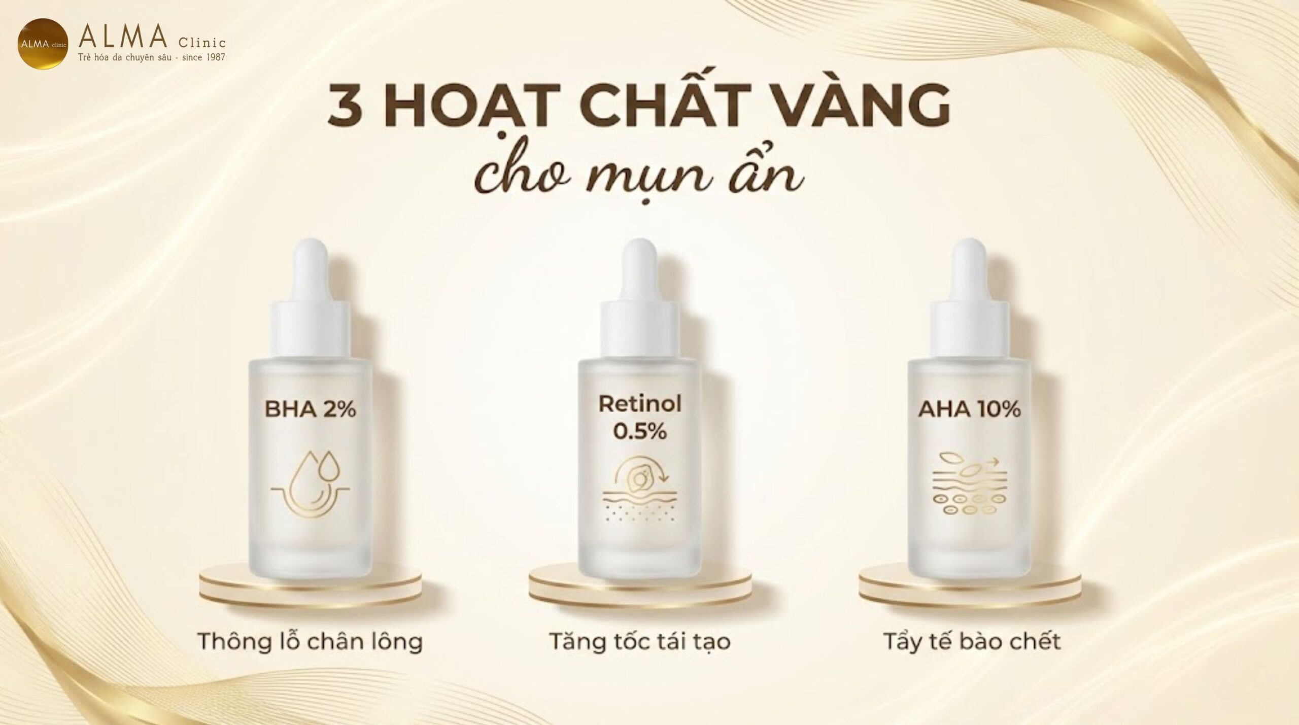 3 thành phần trị mụn ẩn hiệu quả - BHA Salicylic Acid 2% Retinol 0.5% AHA Glycolic Acid 10% - hướng dẫn Alma