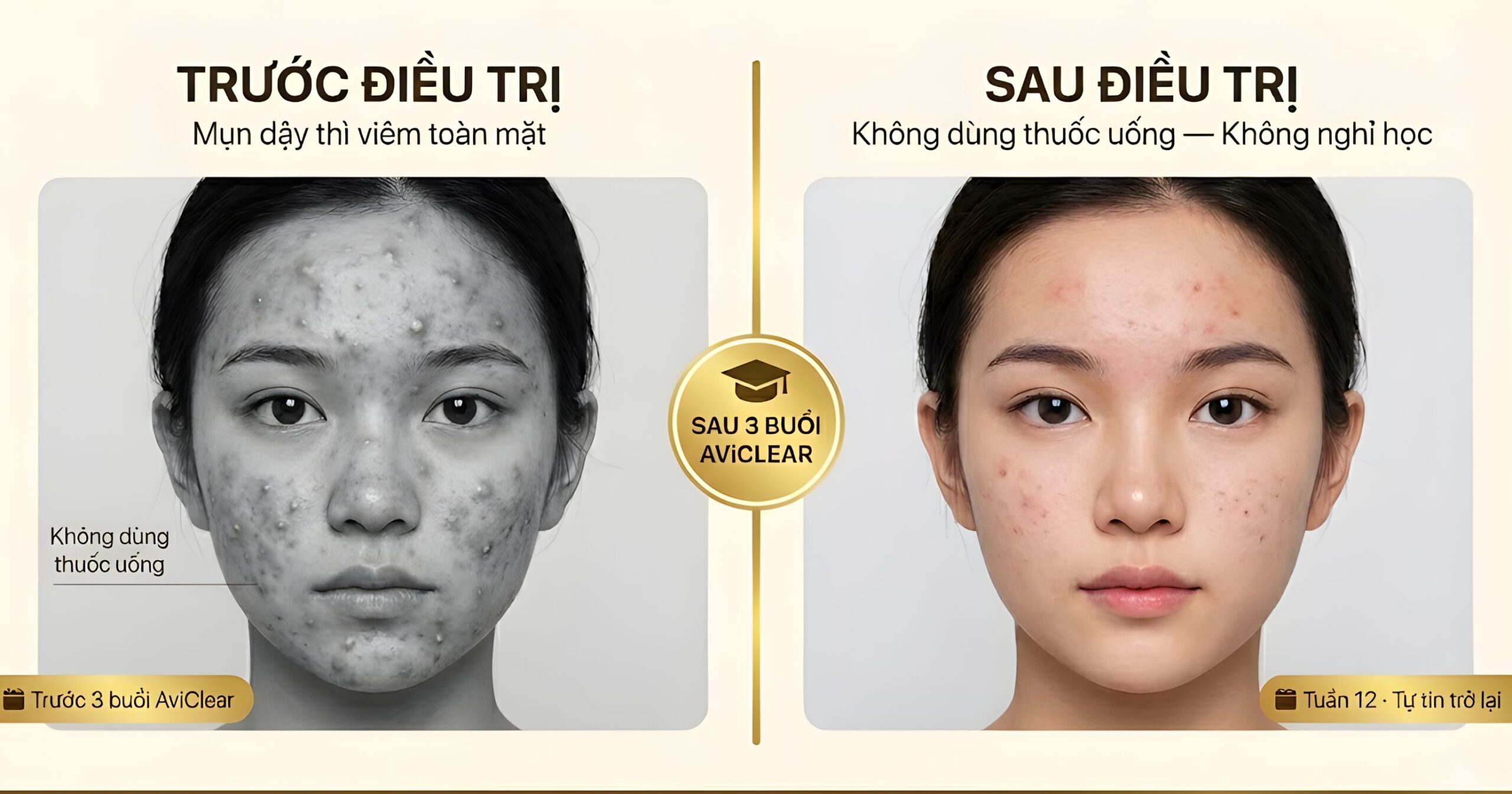 Kết quả điều trị mụn dậy thì bằng AviClear laser tại Alma Clinic — trước và sau 3 buổi không dùng thuốc uống: mụn giảm rõ rệt toàn mặt, học sinh tiếp tục đi học bình thường, kết quả bền vững 12 tháng