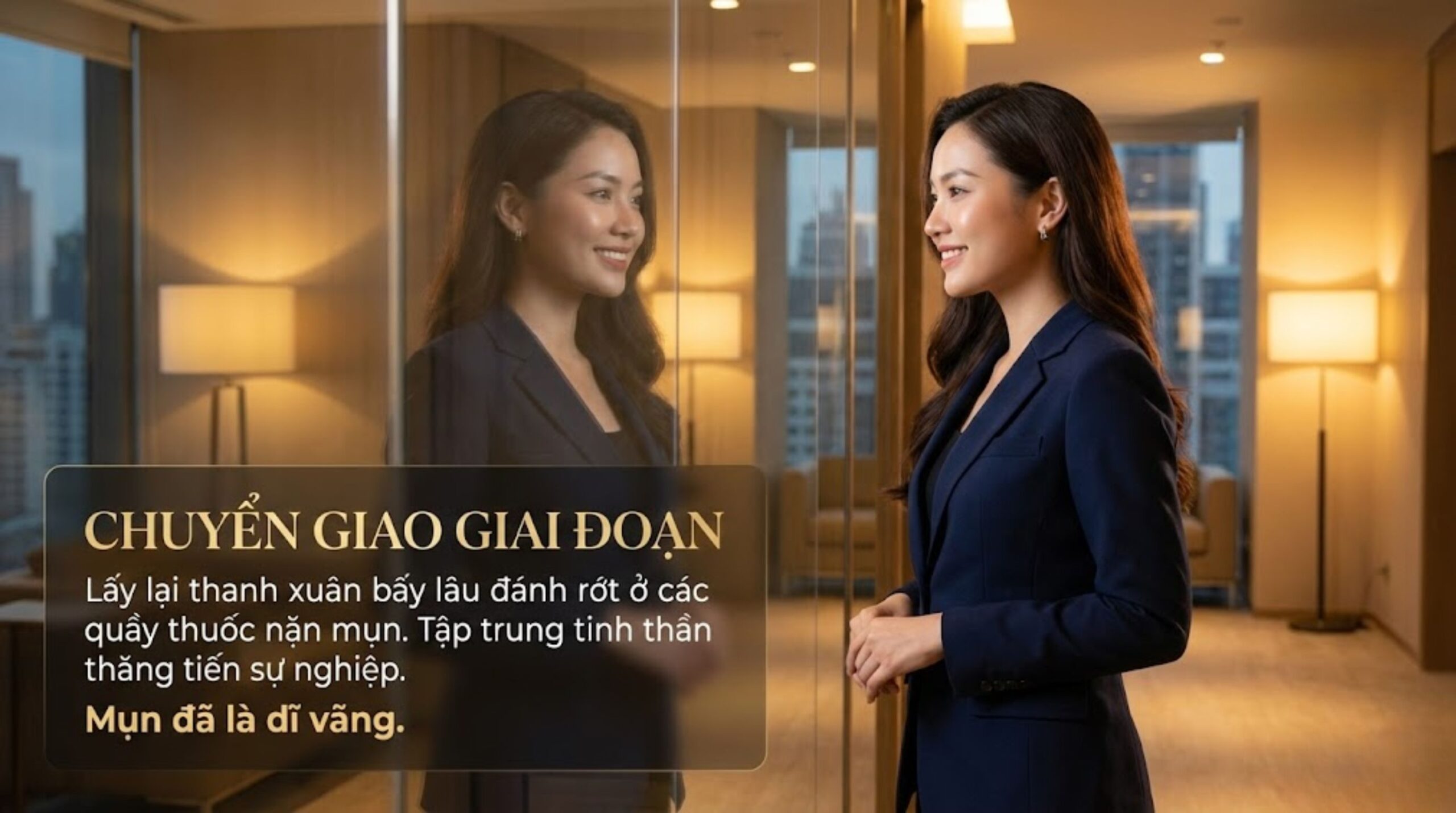 Hình ảnh tự tin, rạng rỡ của doanh nhân thành đạt sau khi kiểm soát dứt điểm tình trạng mụn viêm bằng phác đồ Laser AviClear chuẩn y khoa.