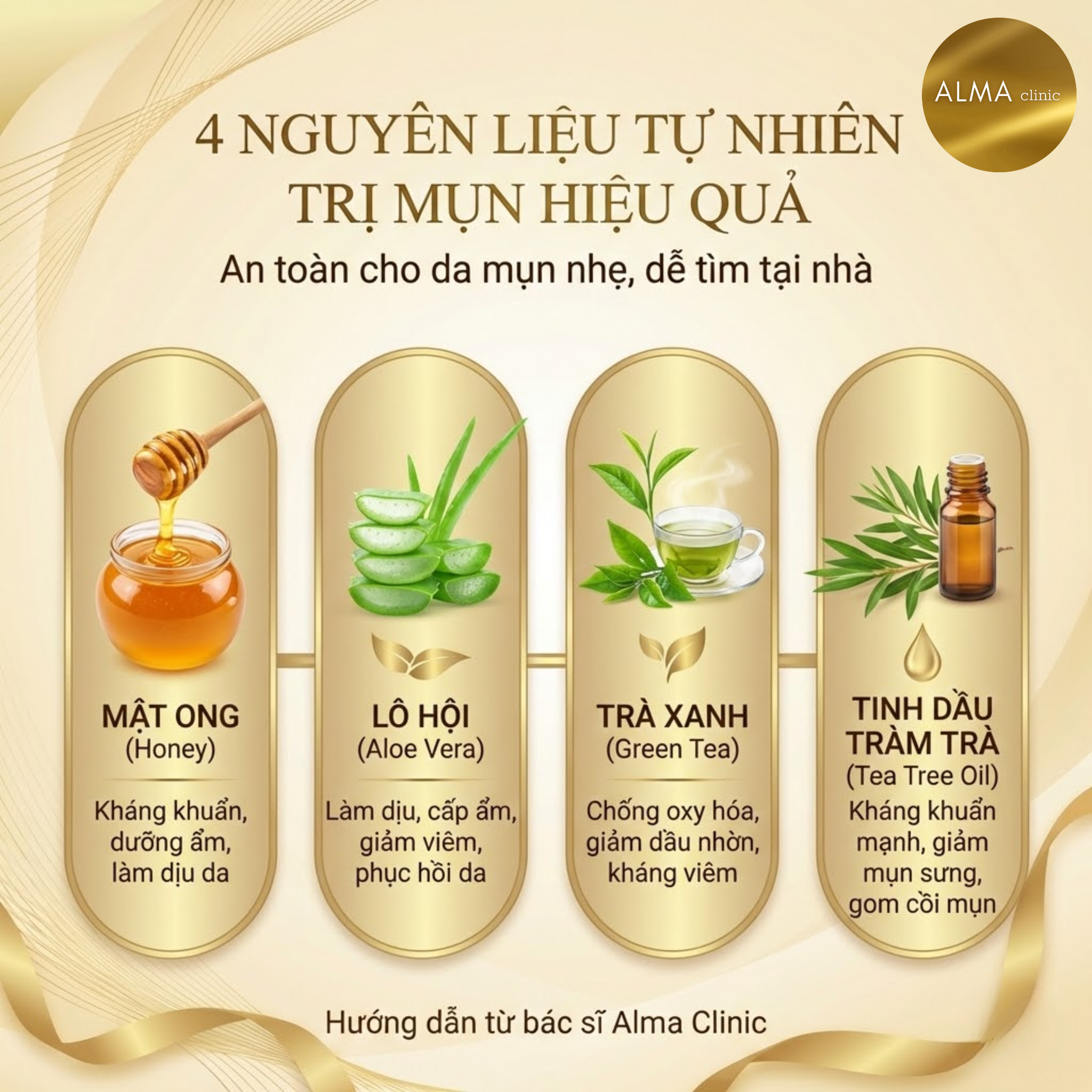 4 nguyên liệu tự nhiên trị mụn hiệu quả - mật ong nghệ lô hội trà xanh tea tree oil - hướng dẫn bác sĩ Alma