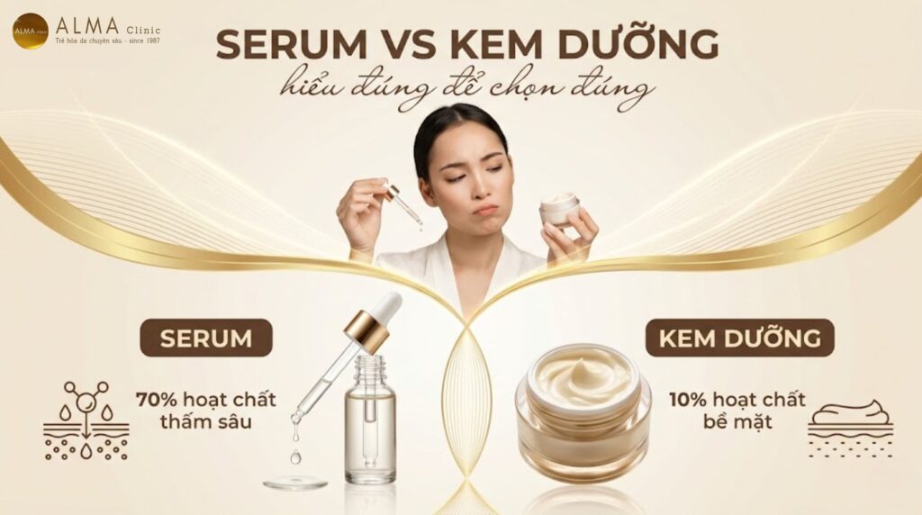 So sánh serum trị mụn với kem dưỡng ẩm - nồng độ hoạt chất, kết cấu và khả năng thấm sâu