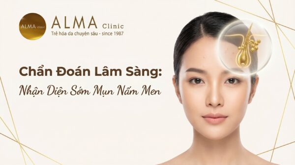 Bác sĩ da liễu khám, nhận diện sớm tổn thương mụn nấm men viêm nang lông (Fungal Acne) trên trán bệnh nhân