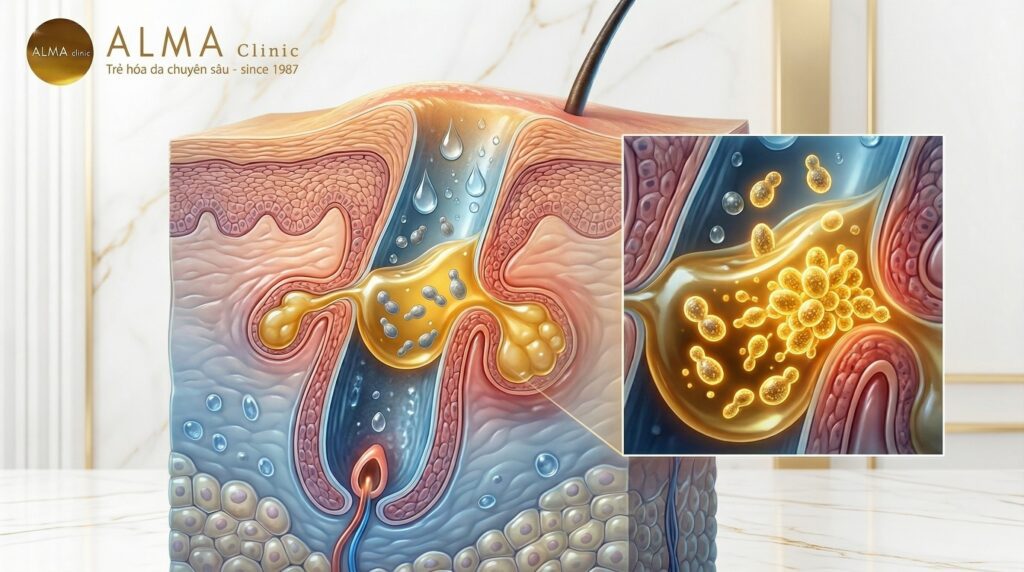 Minh họa cơ chế mồ hôi và bã nhờn kết hợp tạo điều kiện để nấm Malassezia tăng sinh trong nang lông