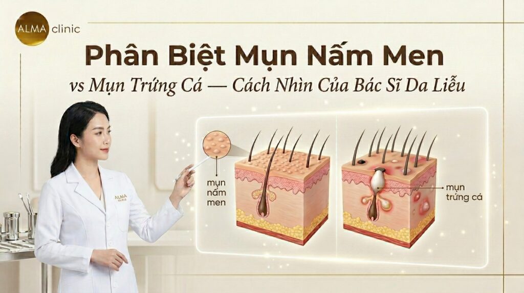 Bác sĩ da liễu Alma Clinic hướng dẫn phân biệt hình thái tổn thương của mụn nấm men và mụn trứng cá