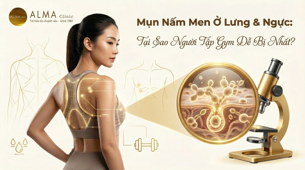 Minh họa y khoa về sự phân bố mụn nấm men Malassezia tại vùng lưng và ngực của người tập thể dục thể thao
