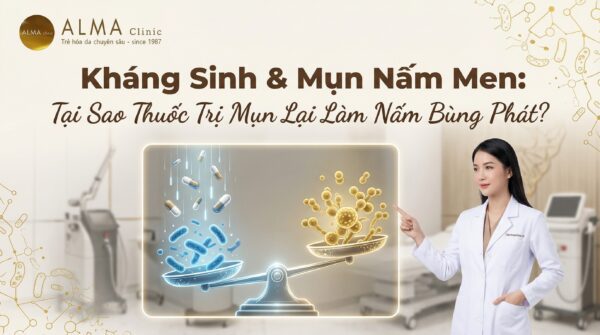 Minh họa y khoa về cơ chế kháng sinh tiêu diệt vi khuẩn có lợi, vô tình tạo điều kiện cho nấm Malassezia bùng phát