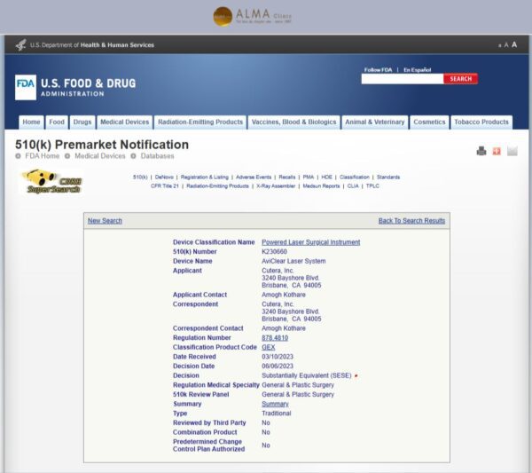 Sự phê duyệt hồ sơ K230660 năm 2023 của FDA tái khẳng định mức độ an toàn (Substantially Equivalent) của hệ thống AviClear trong môi trường lâm sàng thực tế.