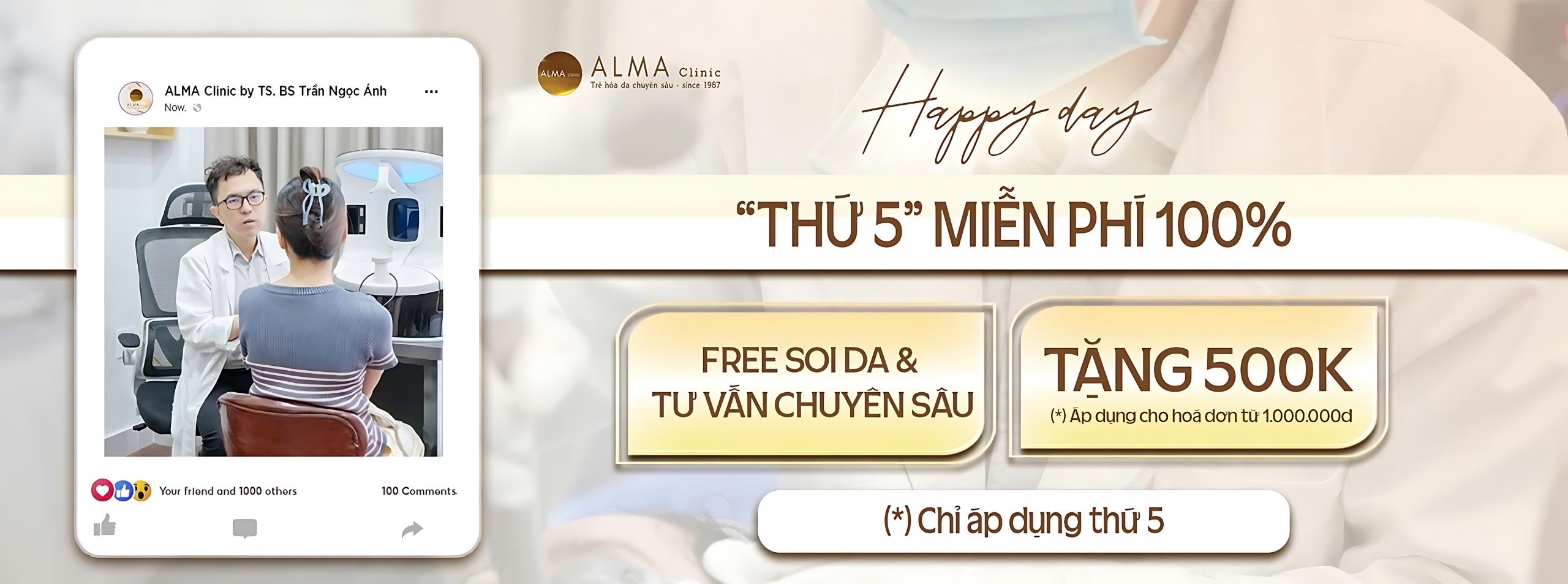 Phòng khám da liễu ALMA CLINIC happy day thu 5 mien phi soi da tang 500K