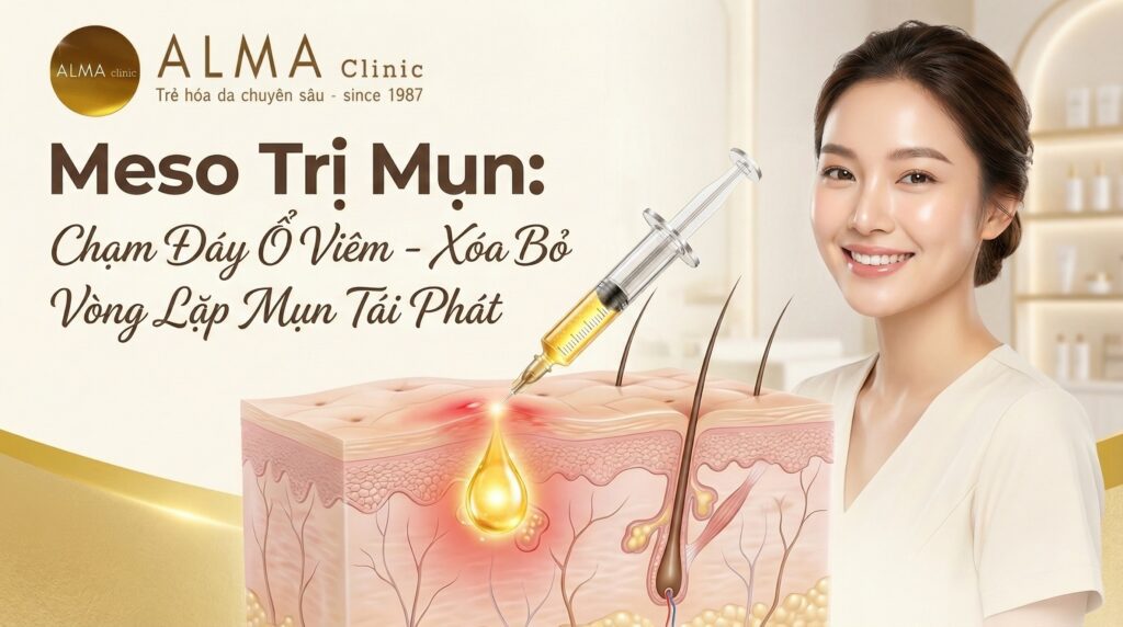 minh họa liệu pháp Meso tiêm HA siêu vi điểm vào tâm điểm ổ viêm mụn dưới cấu trúc da 3D