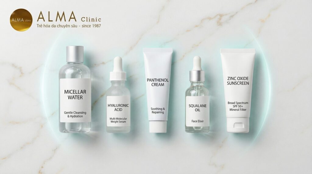 Quy trình skincare Fungal-Safe từng bước — Micellar Water, Hyaluronic Acid, Panthenol, Squalane và kem chống nắng khoáng Zinc Oxide