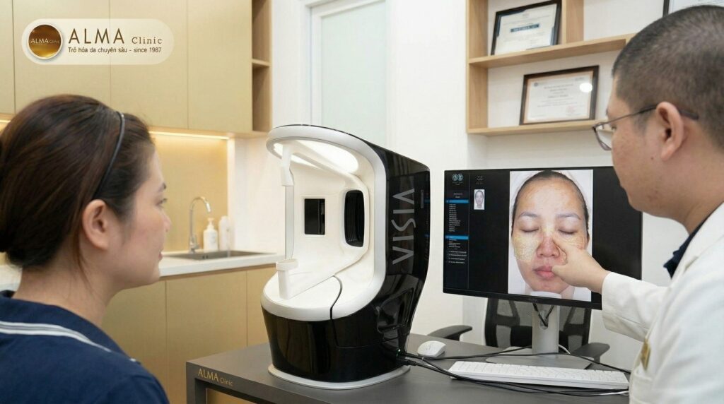 Bác sĩ thăm khám lâm sàng phân định nấm men cho bệnh nhân tại Alma Clinic