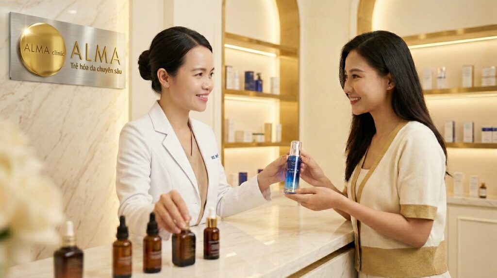 Bác sĩ da liễu Alma Clinic hướng dẫn bệnh nhân lựa chọn sản phẩm Fungal-Safe phù hợp với mụn nấm men