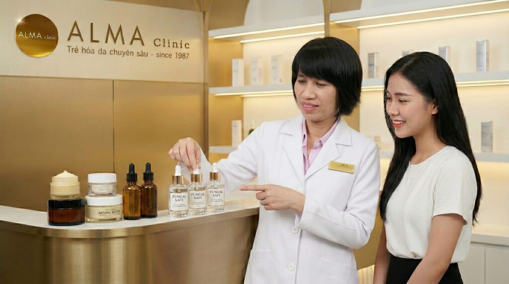 Bác sĩ da liễu Alma Clinic hướng dẫn bệnh nhân lựa chọn sản phẩm dưỡng da Fungal-Safe phù hợp khi điều trị mụn nấm men