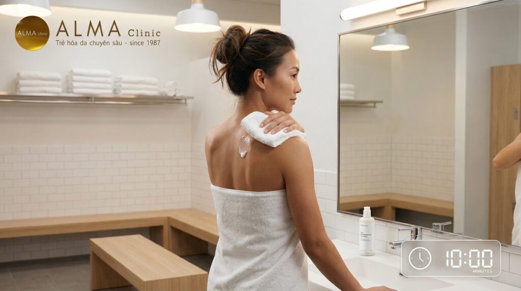 Hướng dẫn sử dụng sữa tắm kháng nấm đúng cách — lưu bọt 5–10 phút trên vùng lưng và ngực trước khi xả