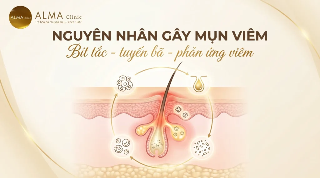 Nguyên nhân gây mụn viêm từ tuyến bã, bít tắc và phản ứng viêm