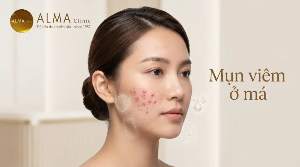 Nổi mụn viêm ở má do hàng rào da yếu và thói quen tiếp xúc