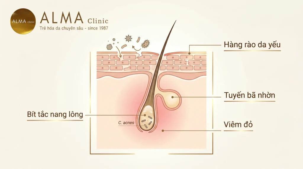 Hàng rào da suy yếu làm mụn viêm ở má khó kiểm soát hơn