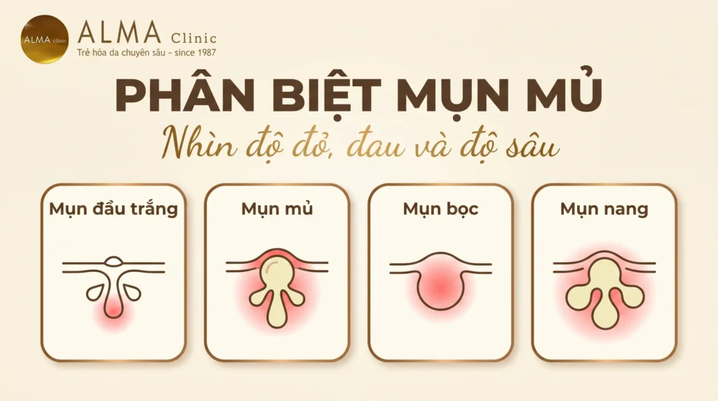 Bảng minh họa phân biệt mụn đầu trắng, mụn mủ, mụn bọc và mụn nang