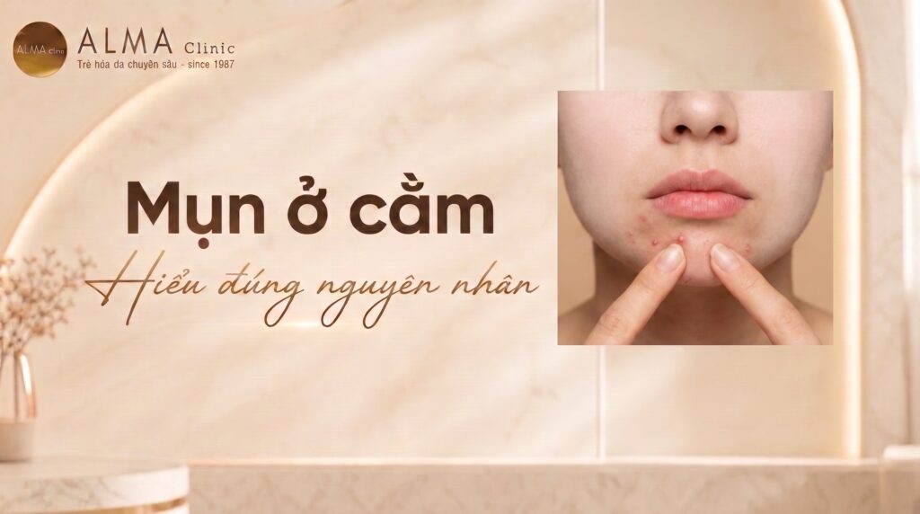 Mụn ở cằm có thể liên quan nội tiết, khẩu trang, chống cằm hoặc mỹ phẩm bít tắc