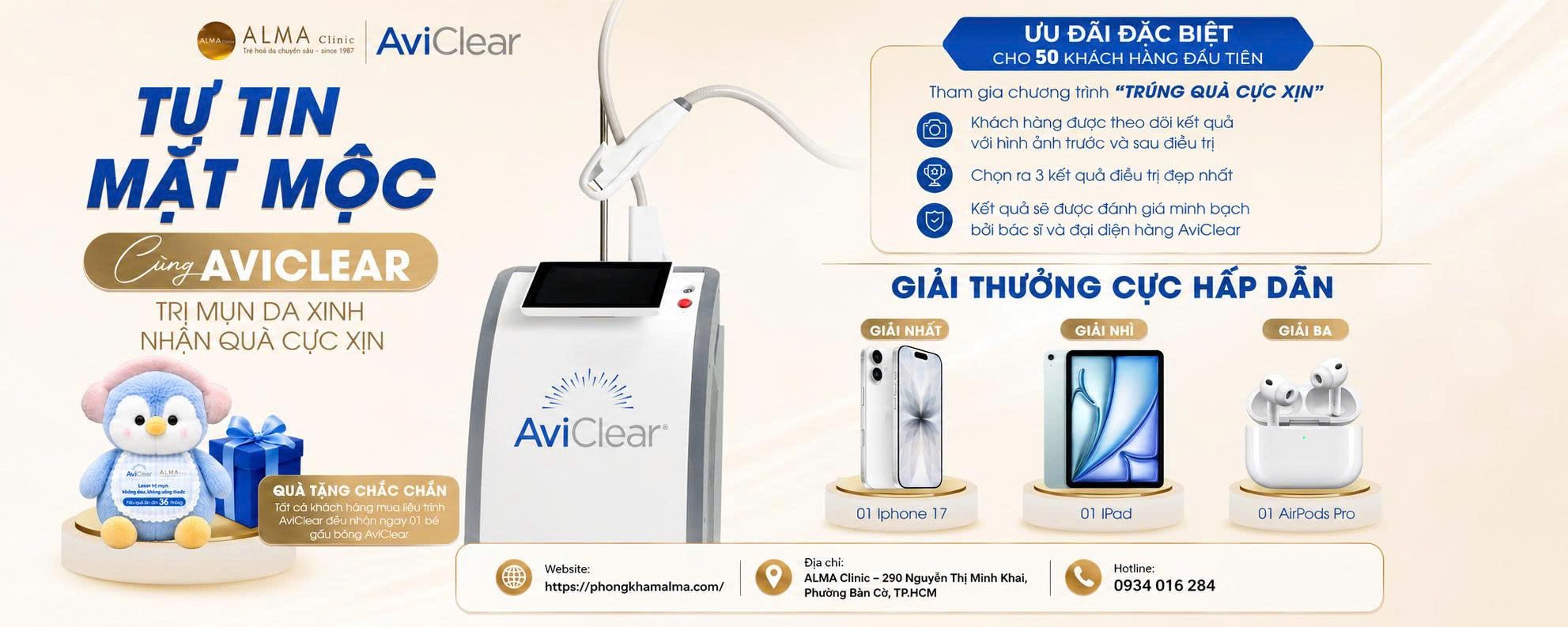Banner chương trình Tự tin mặt mộc cùng AviClear tại Alma Clinic